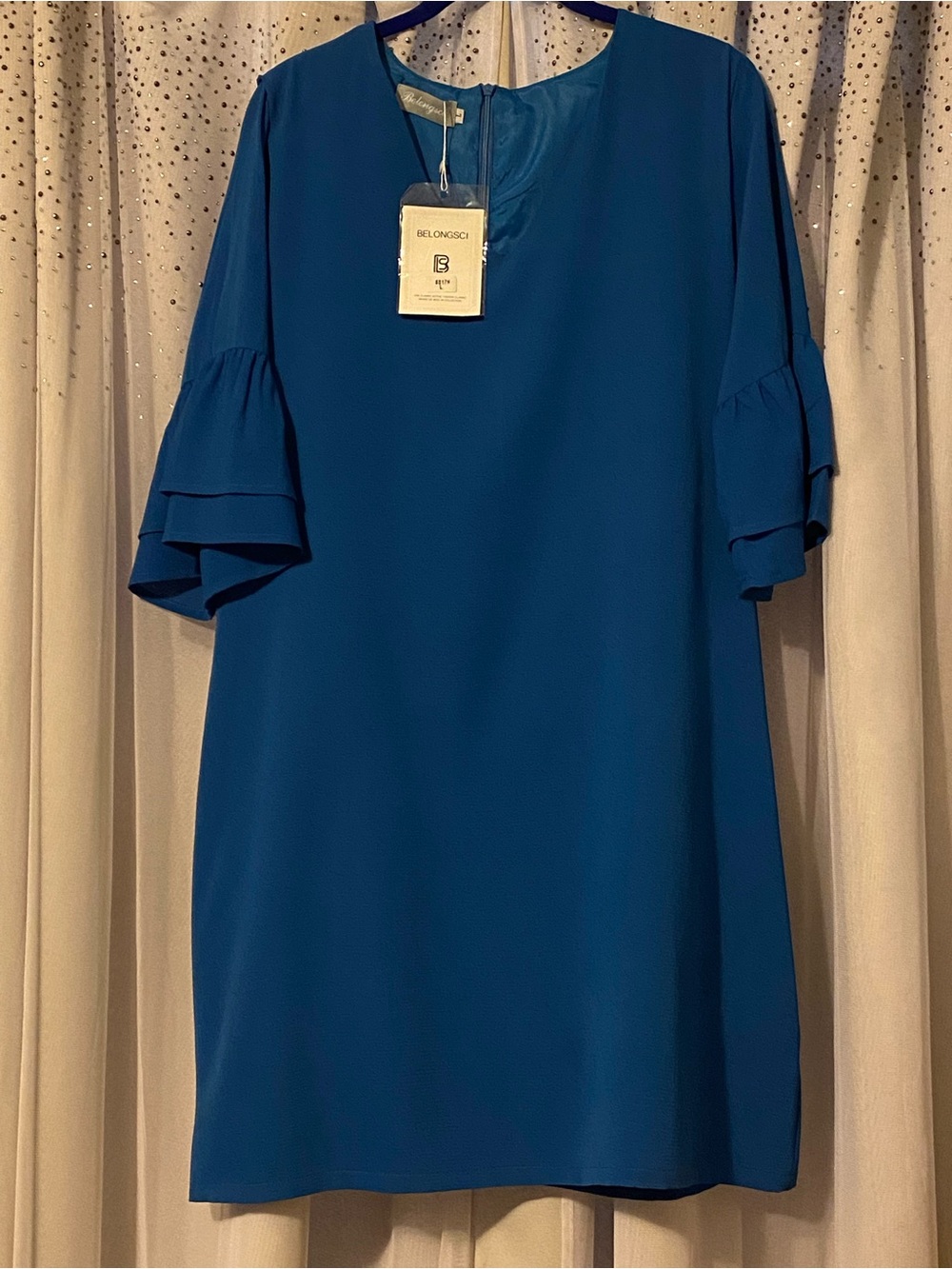 Belongsci Blue Ruffle Sleeve Shift Dress